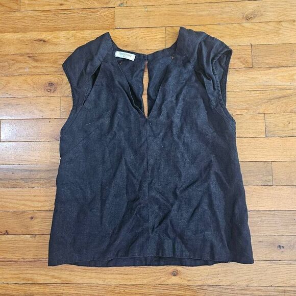 Lanhtropy Womens Top Size M Black Cut Outs V Neck Pure Linen - Picture 1 of 6